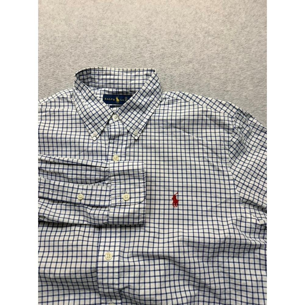 Ralph Lauren Mens Slim Fit Button Down Shirt Blue White Tattersall Check L